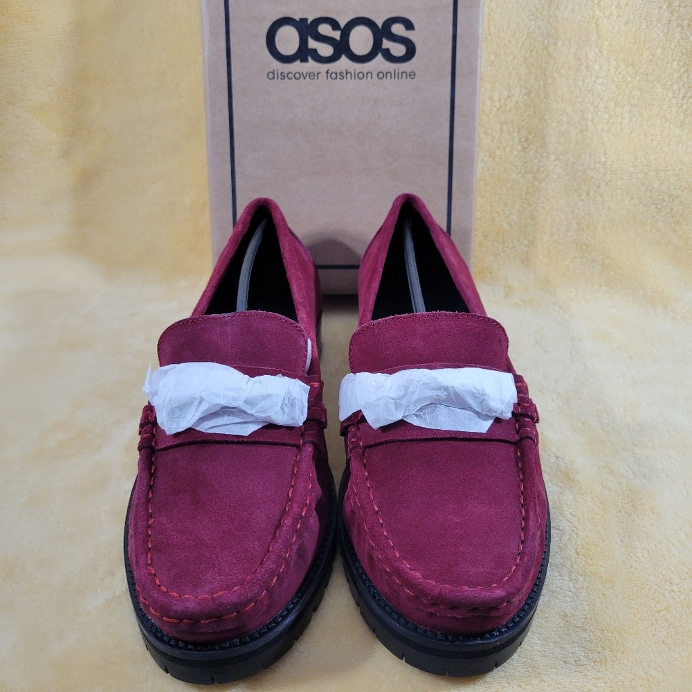 NEW ASOS DESIGN Wide Fit Motivate Suede Burgundy Chunky Loafers